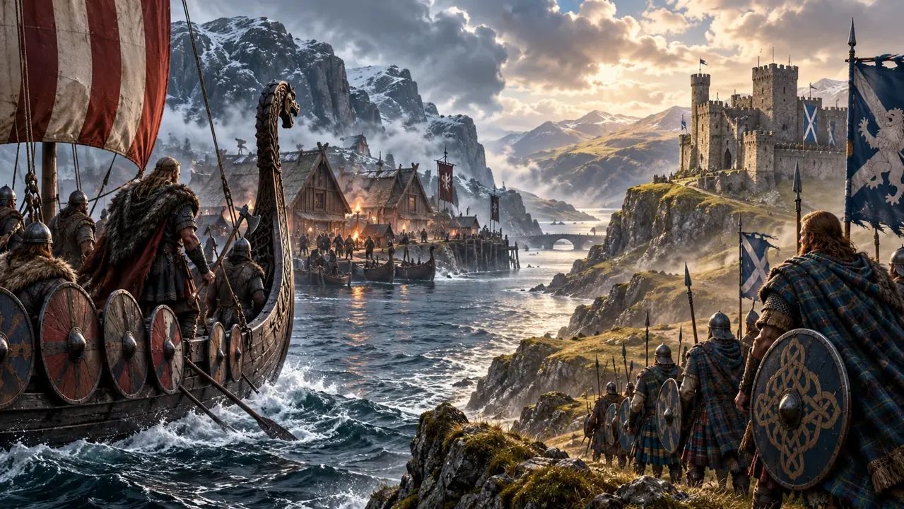 Ilustración conceptual de un drakkar vikingo en un fiordo al anochecer, utilizada para explicar Raiders of the North