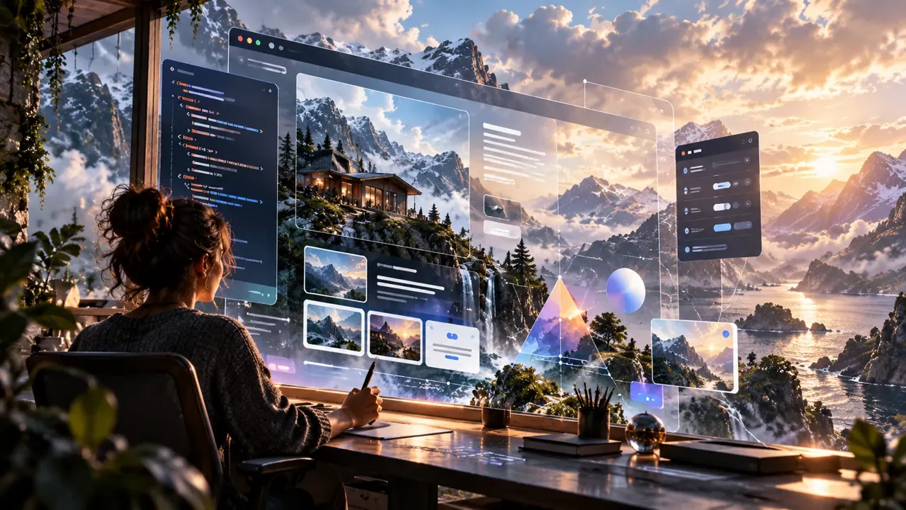 Composición de diseño digital con interfaces y paneles de trabajo