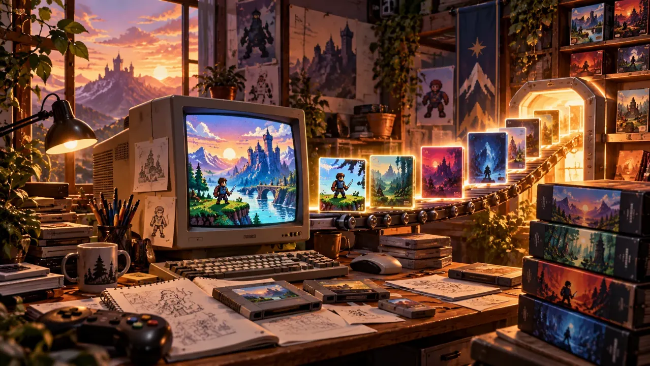 Ilustración digital conceptual de un cartucho retro y una ventana de videojuego en una estación de trabajo, creada para GolpeCrítico