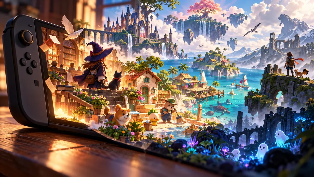 Ilustración conceptual de una consola portátil rodeada de islas fantásticas y efectos de luz