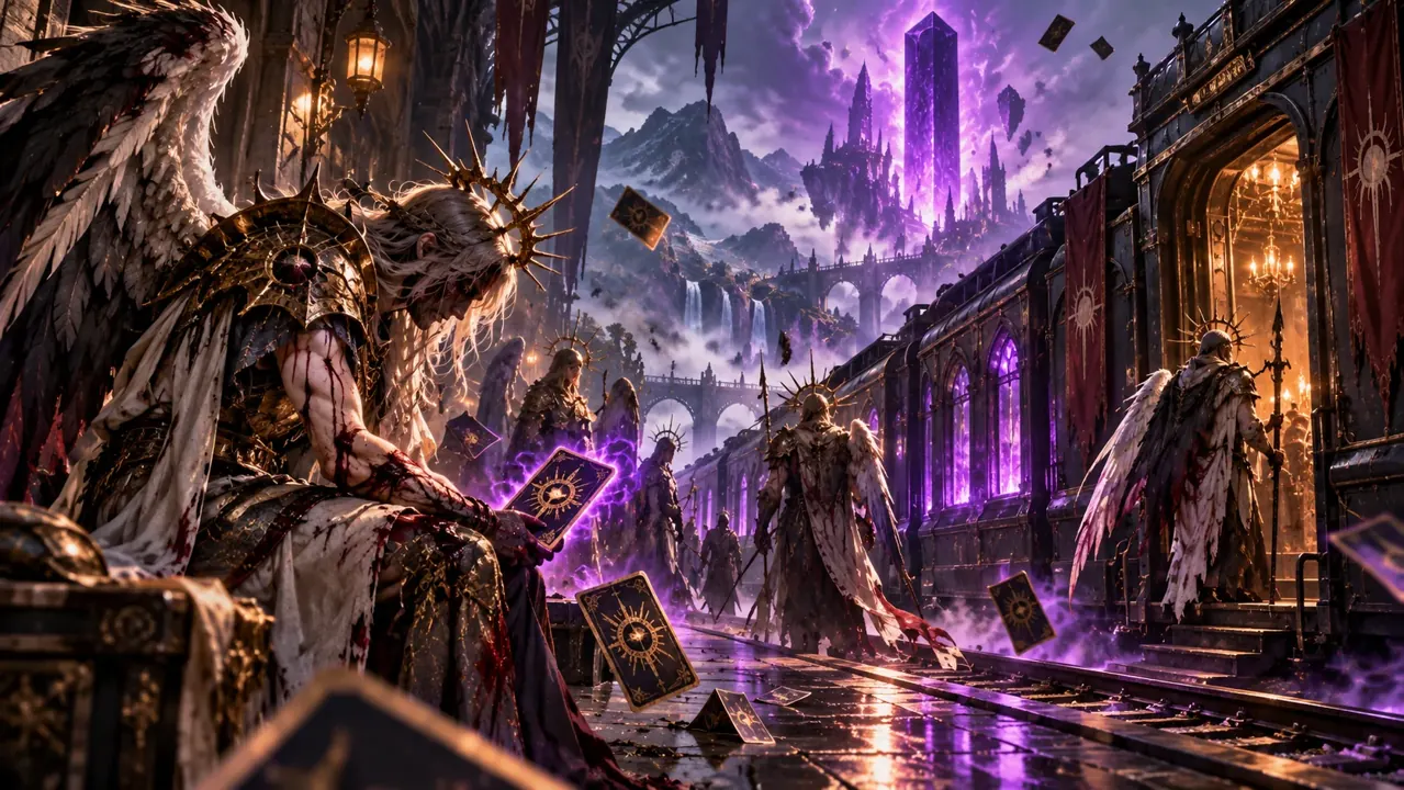 Ilustración conceptual original de cartas oscuras, luz violeta y un monolito luminoso para una noticia sobre Monster Train 2