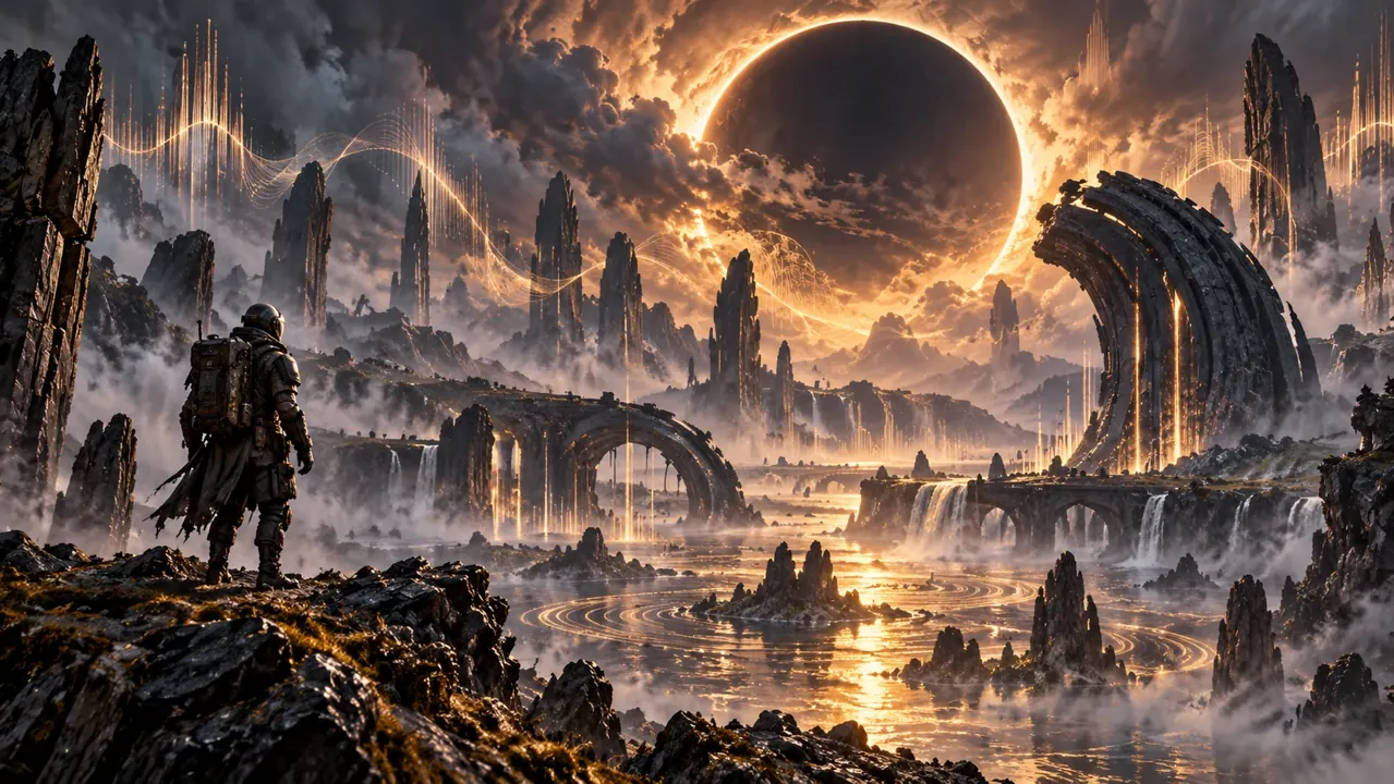 Ilustración de un paisaje alienígena con un eclipse y un explorador de espaldas