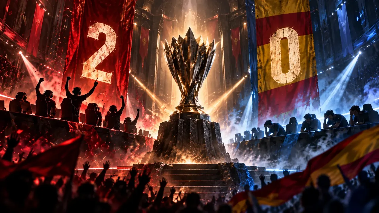 Ilustración conceptual de un trofeo de esports iluminado, no corresponde a una fotografía del partido T1 contra Movistar KOI